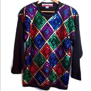 VINTAGE 70s Rainbow Sequin Black Sweater 1X Disco Lizs Pride